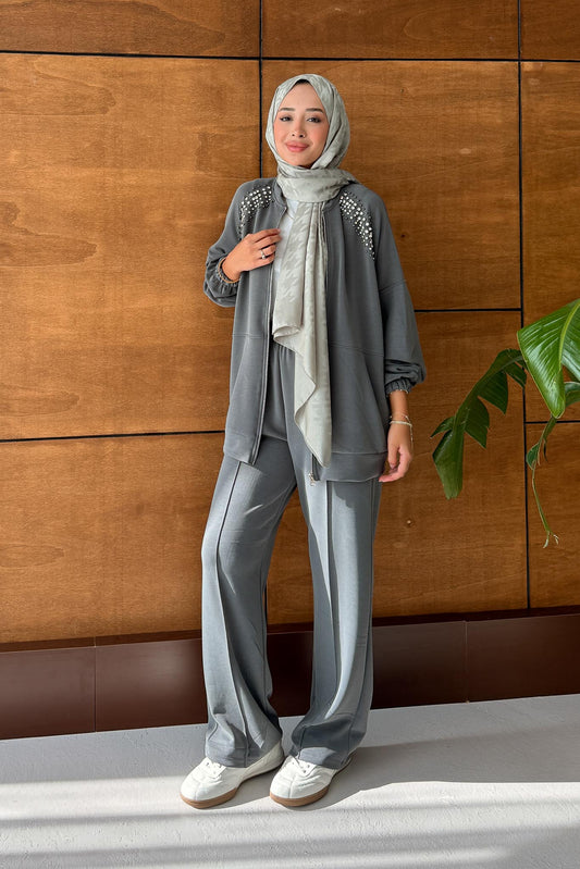 Linen Taşlı Takım Gri