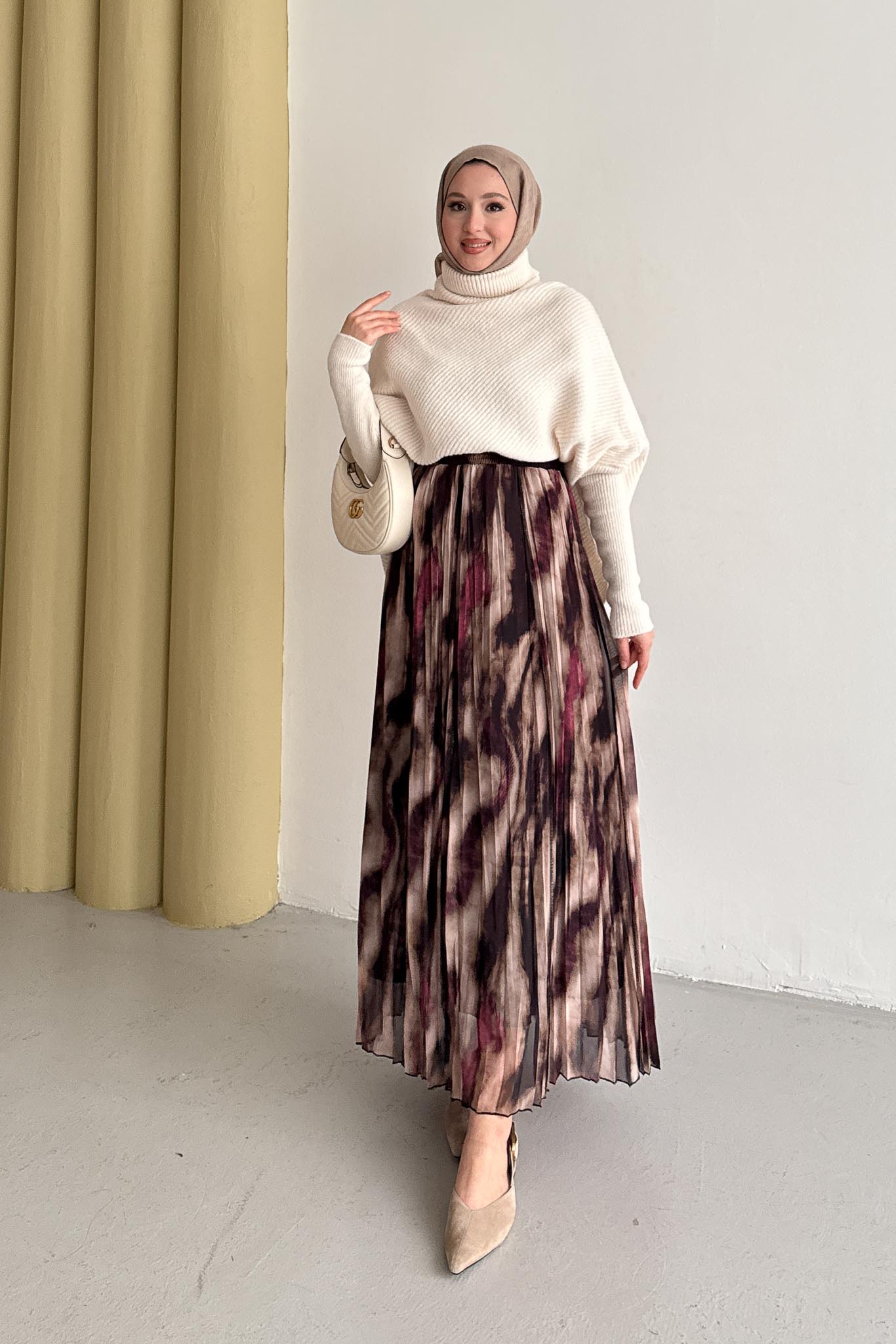 Tablo Desenli Etek Bordo