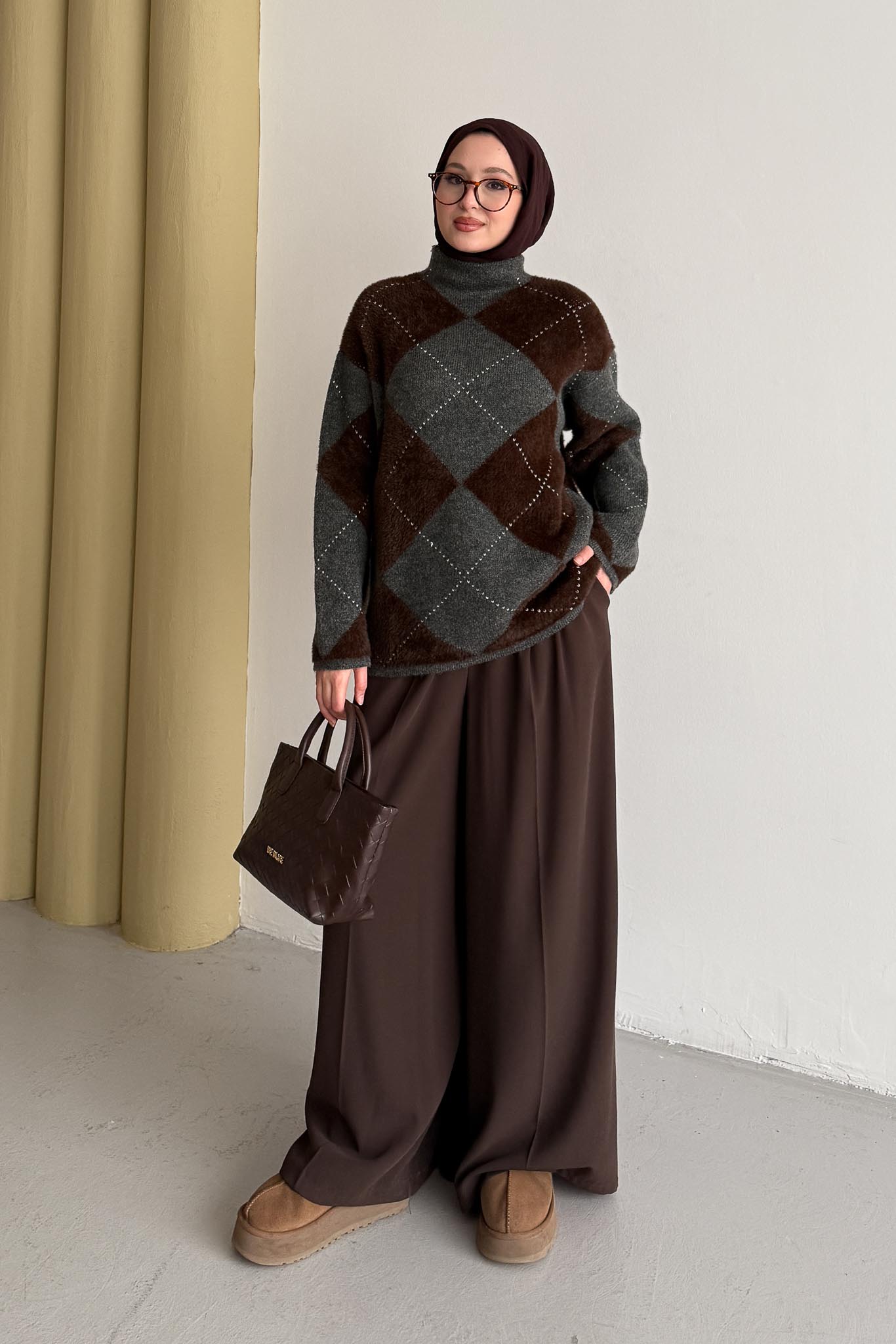 Oversize Baklava Kazak Kahverengi