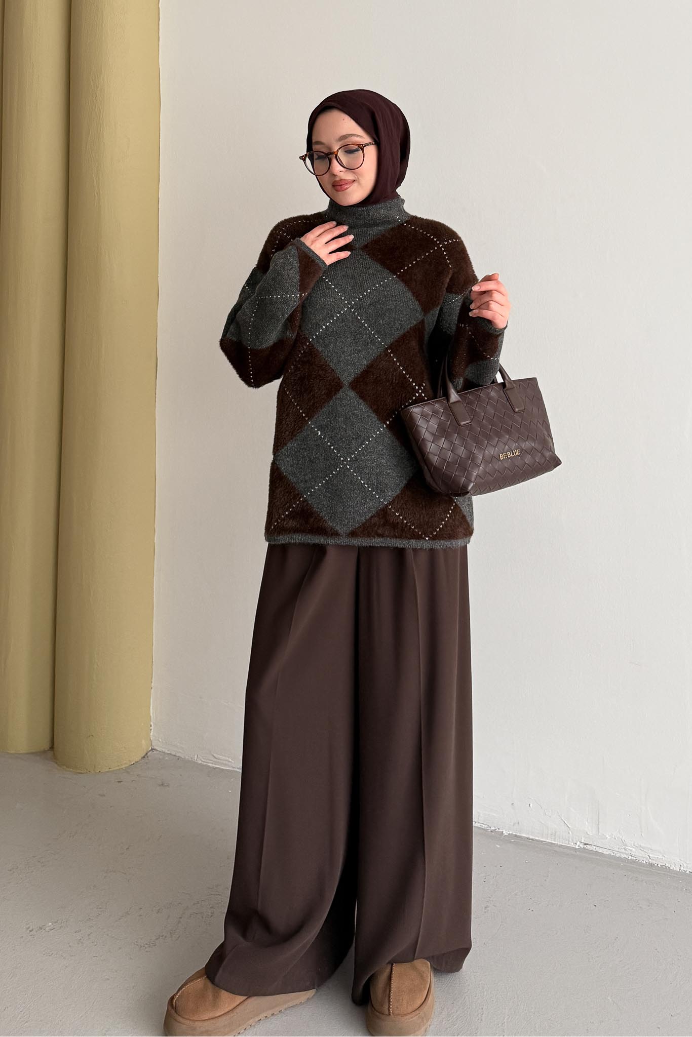 Oversize Baklava Kazak Kahverengi