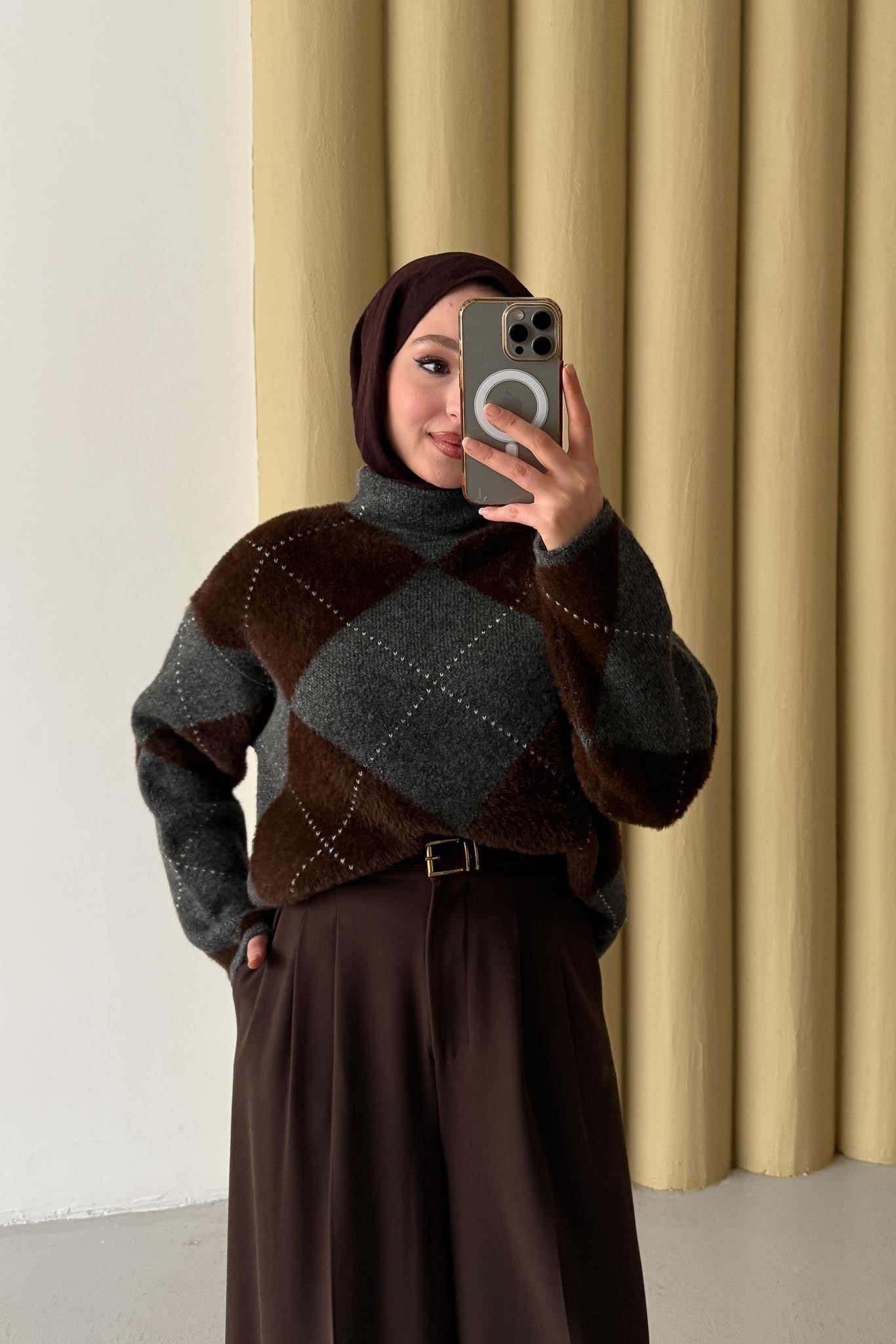 Oversize Baklava Kazak Kahverengi