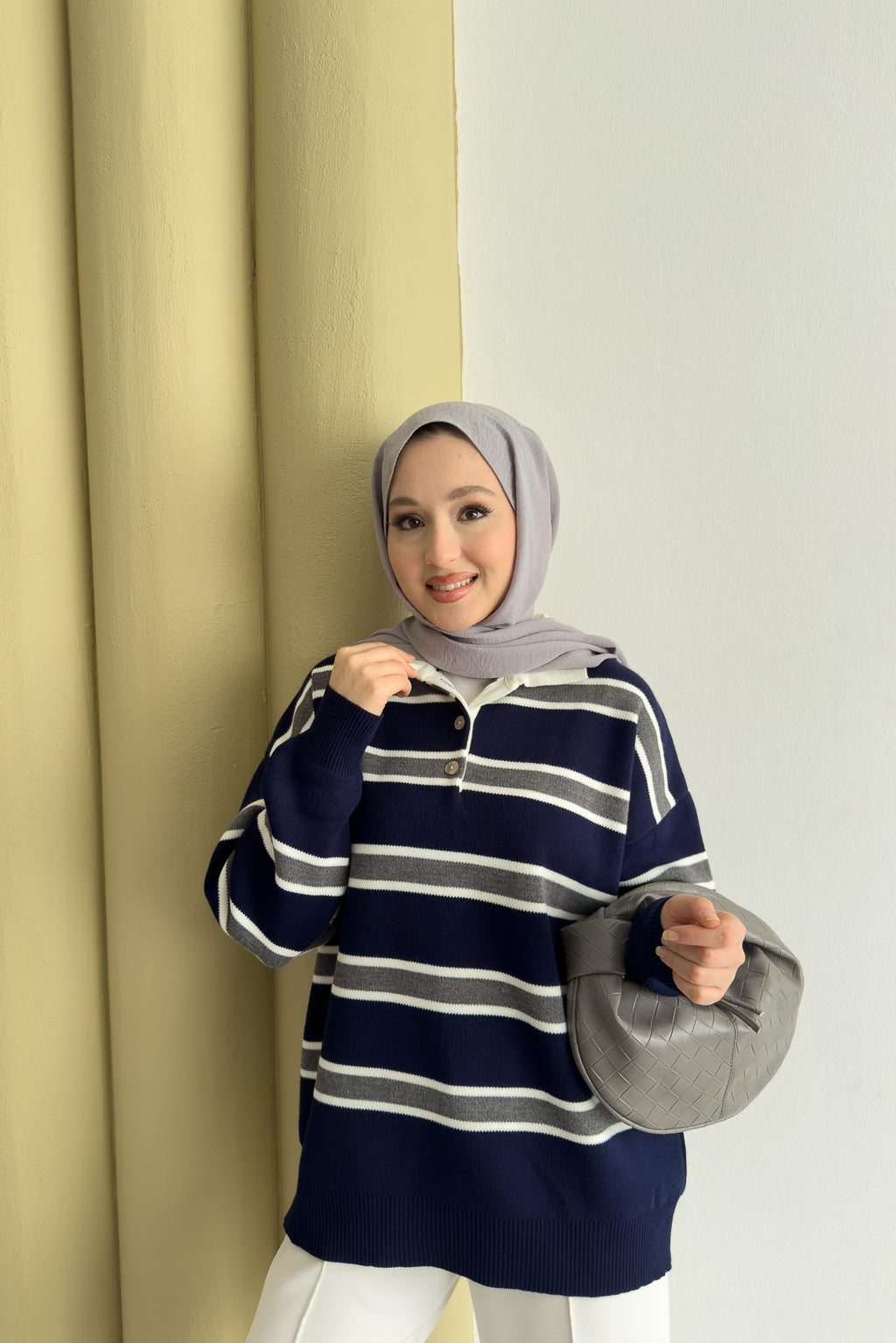 Polo Yaka Çizgili Tunik Lacivert