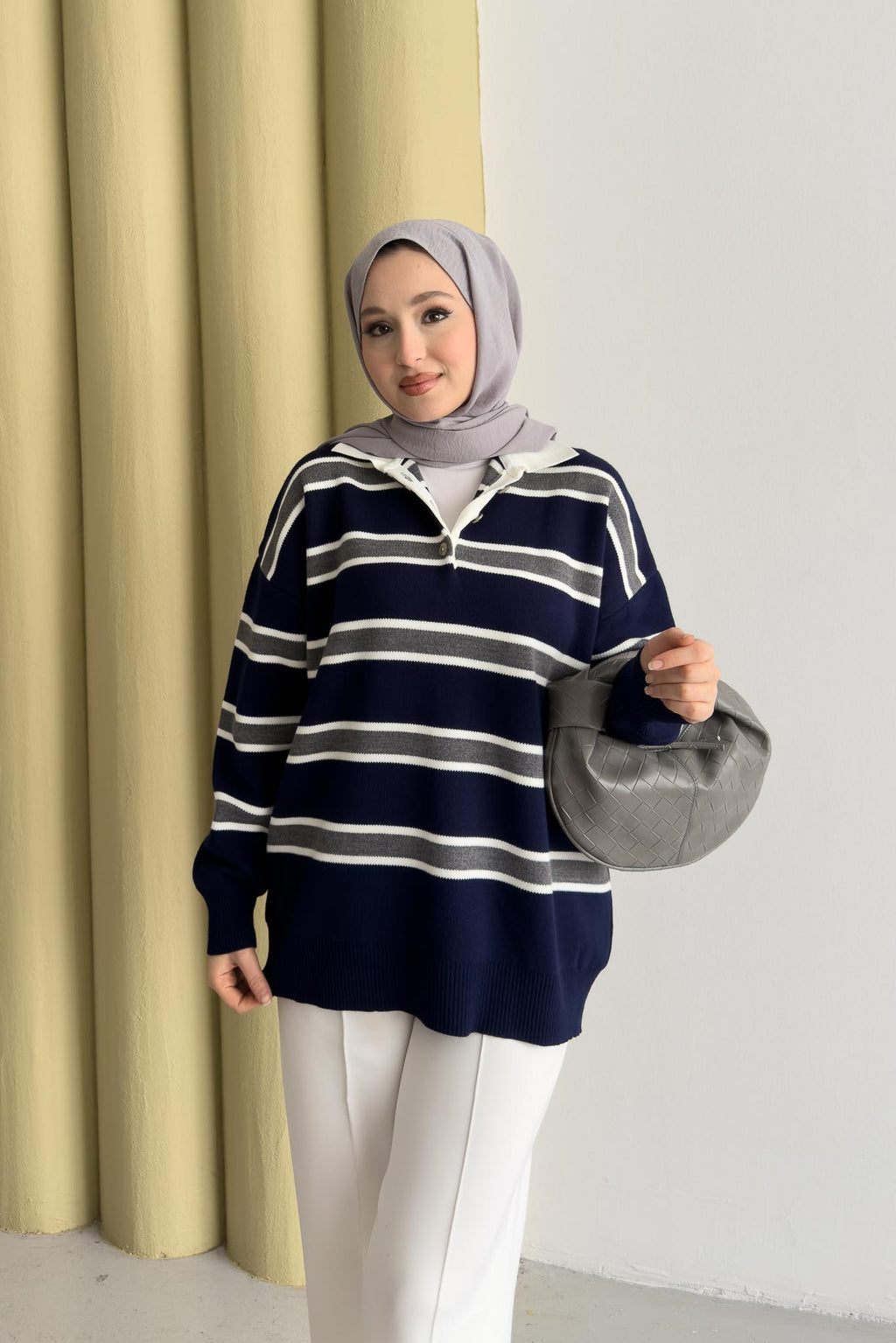 Polo Yaka Çizgili Tunik Lacivert