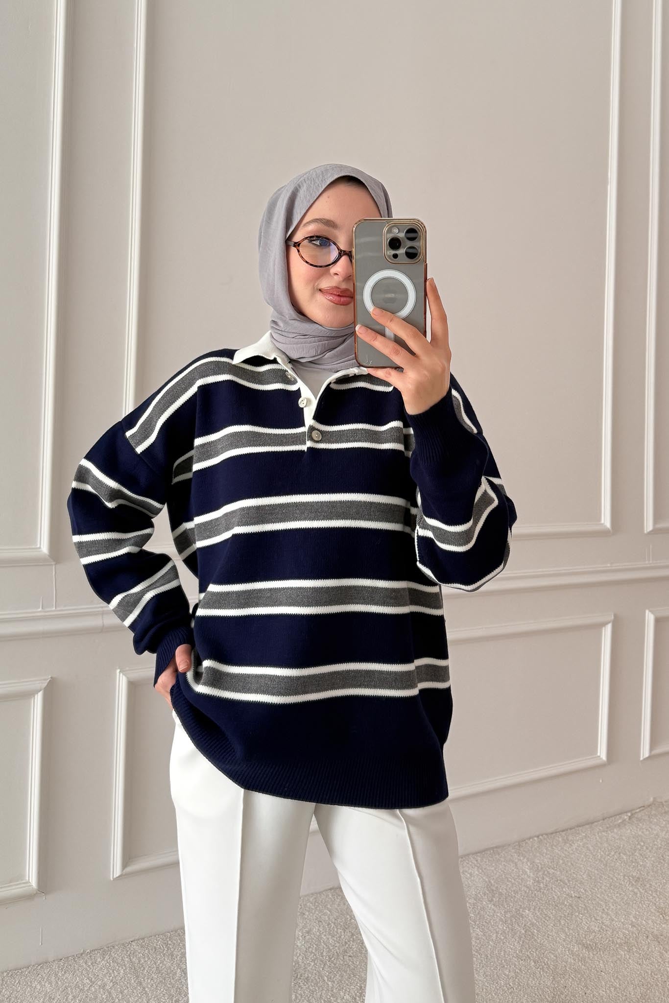 Polo Yaka Çizgili Tunik Lacivert