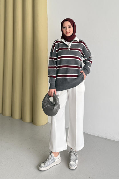 Polo Yaka Çizgili Tunik Gri