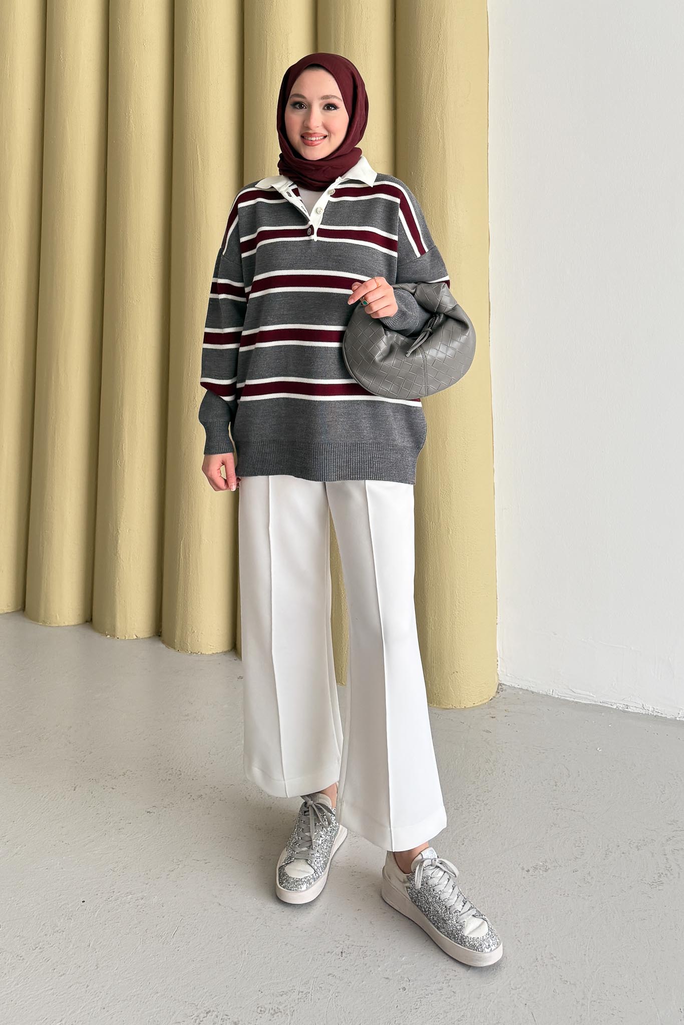 Polo Yaka Çizgili Tunik Gri