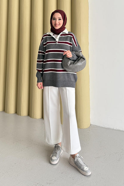 Polo Yaka Çizgili Tunik Gri