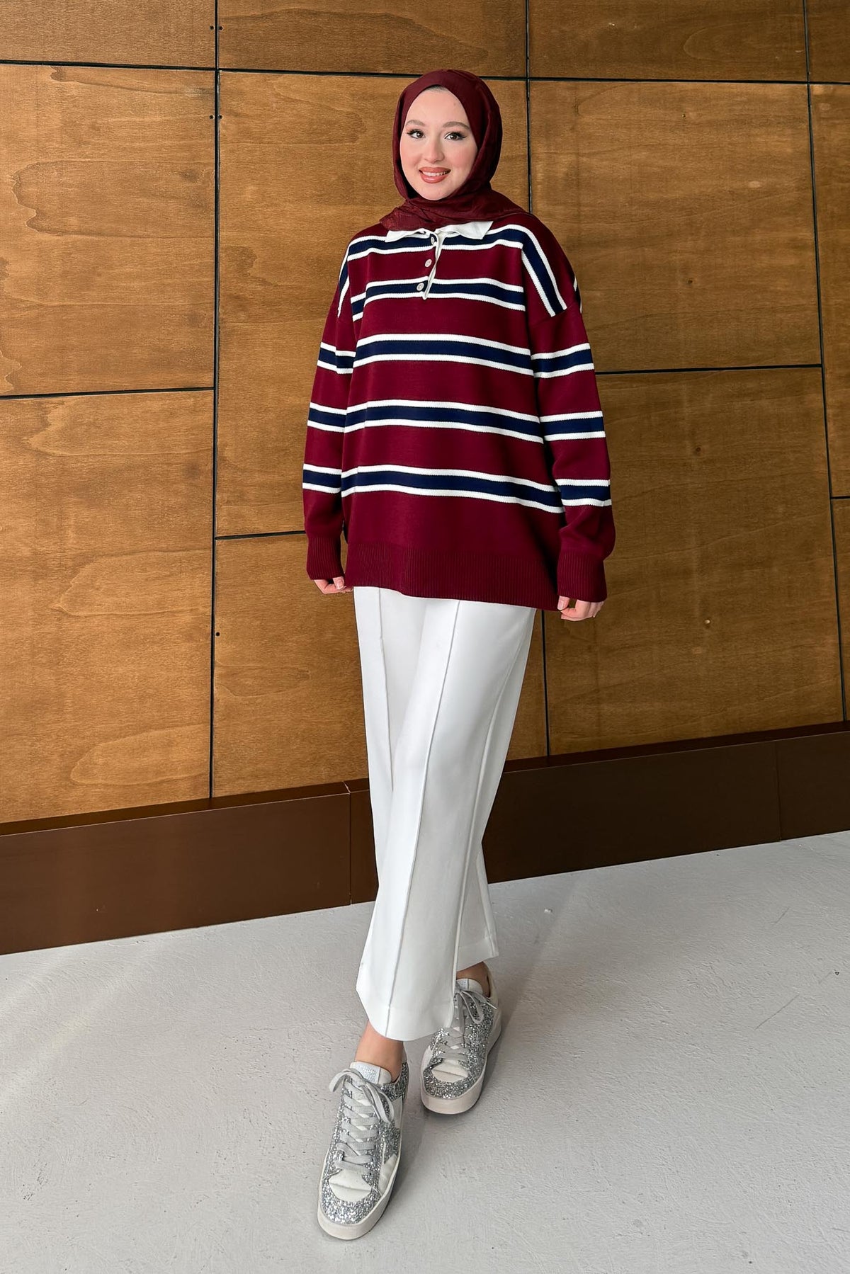 Polo Yaka Çizgili Tunik Bordo