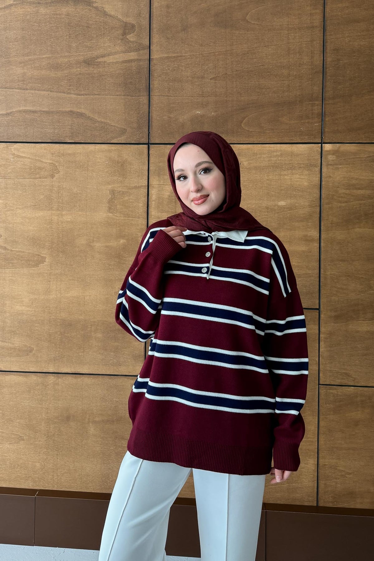 Polo Yaka Çizgili Tunik Bordo