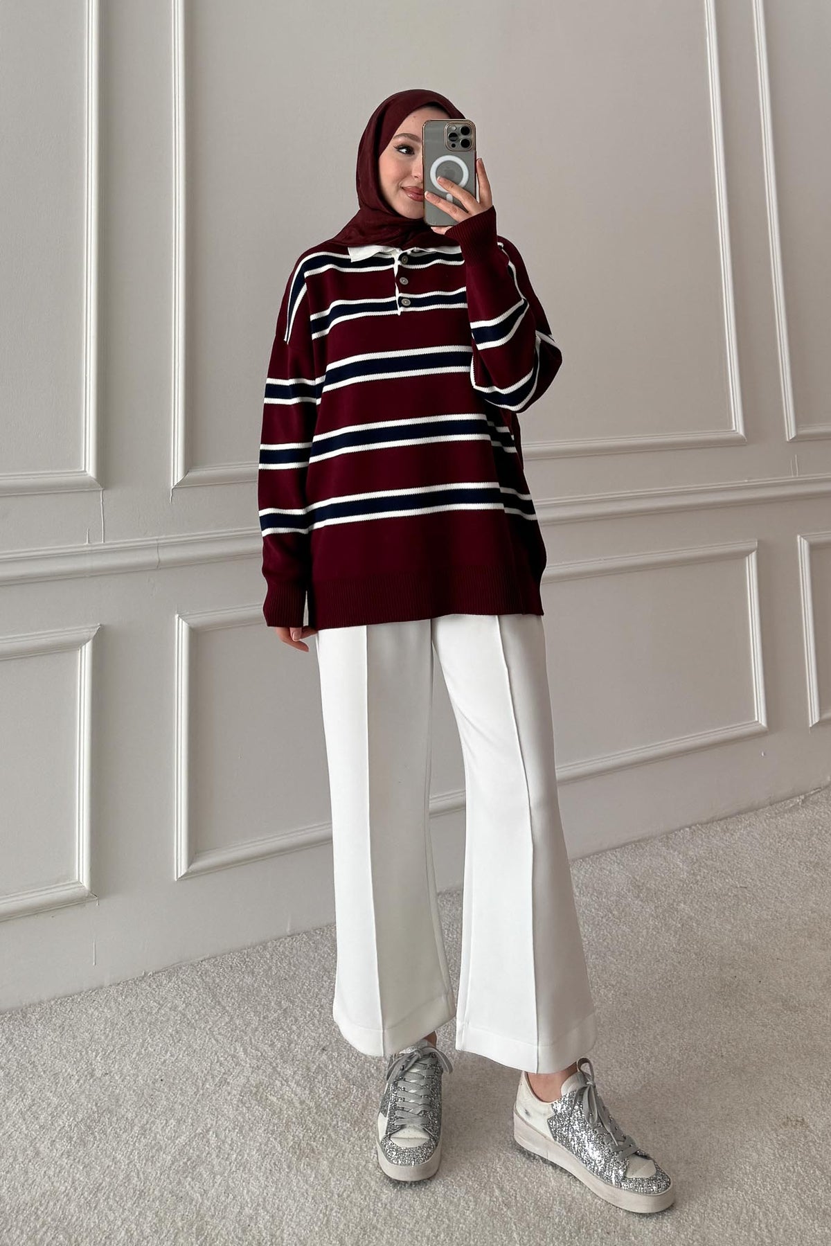 Polo Yaka Çizgili Tunik Bordo