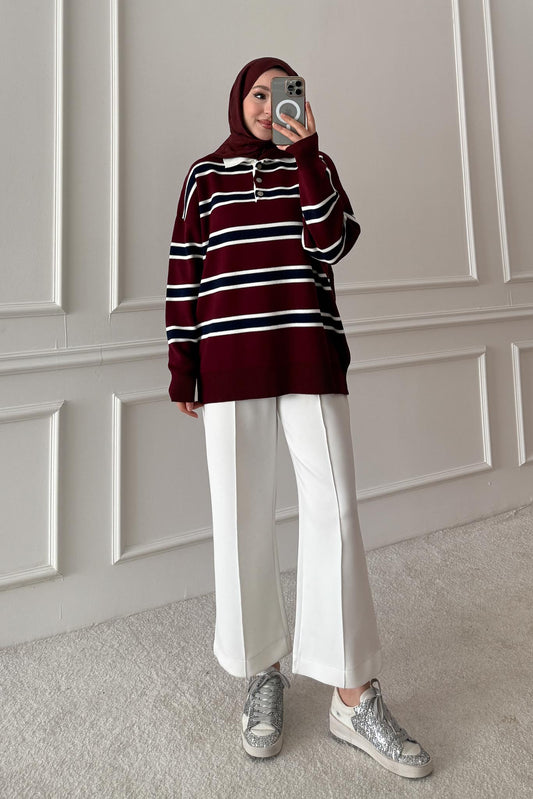 Polo Yaka Çizgili Tunik Bordo