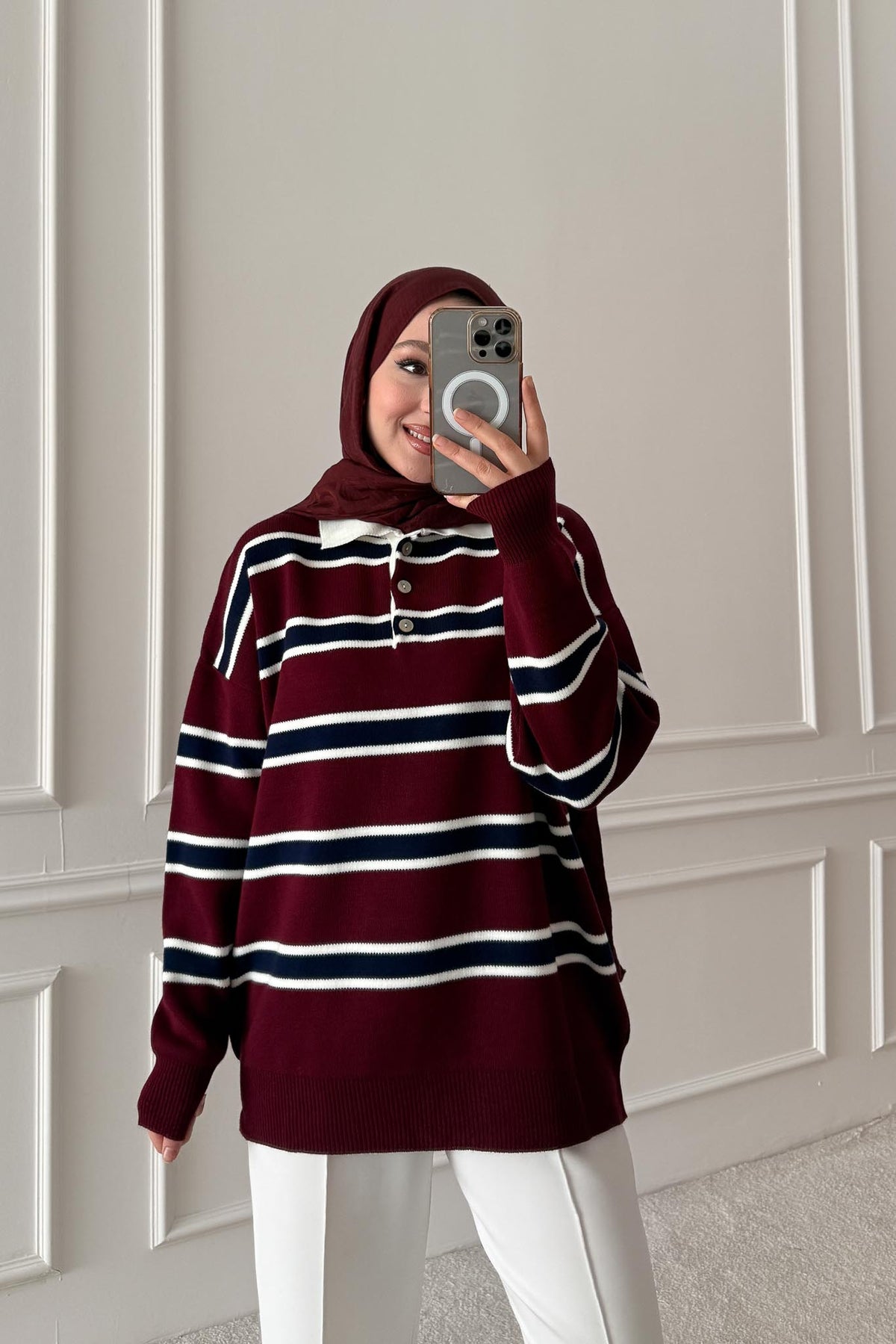 Polo Yaka Çizgili Tunik Bordo