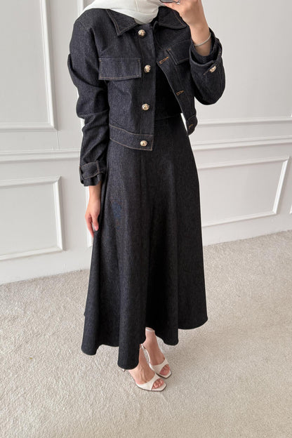 Woven Tweed Skirt Suit Navy Blue